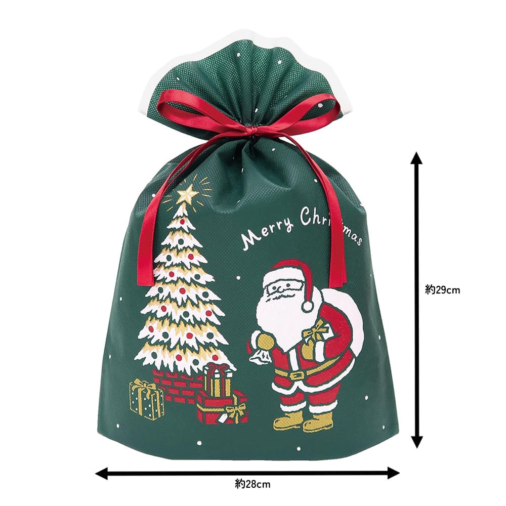 クリスマス ラッピング袋 不織布 サンタギフト／ダークグリーンM