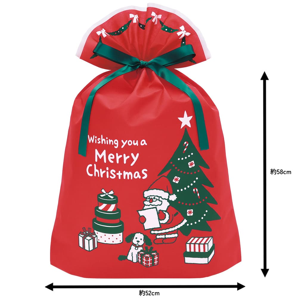 クリスマス ラッピング袋 不織布 サンタ＆ドッグ／レッド3L